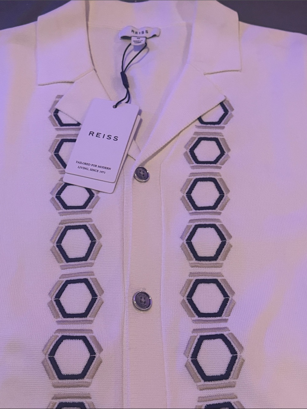 Reiss Cream Short-Sleeve Shirt with Navy and Tan Hexagon Trim